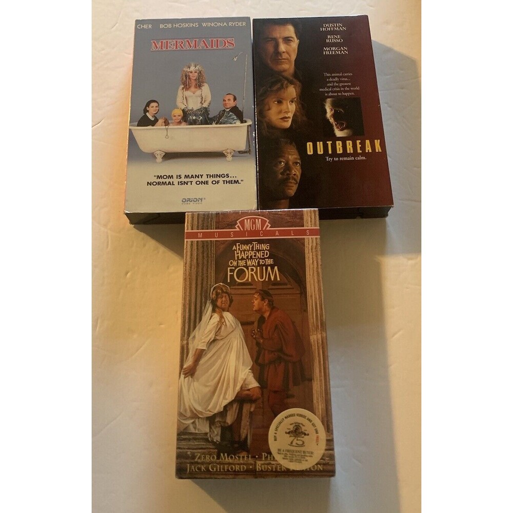 vhs tapes lot of 3 outbreak,mermaids,a funny thing happened on the way to the